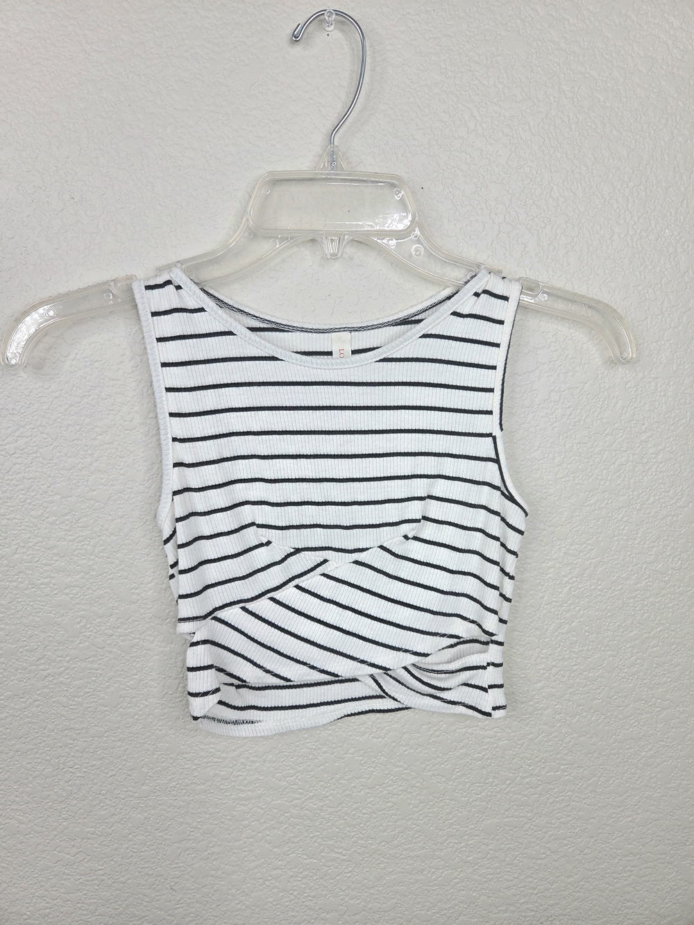 Women’s White/Black Striped Twist Front Cropped Knit Tank, Size S